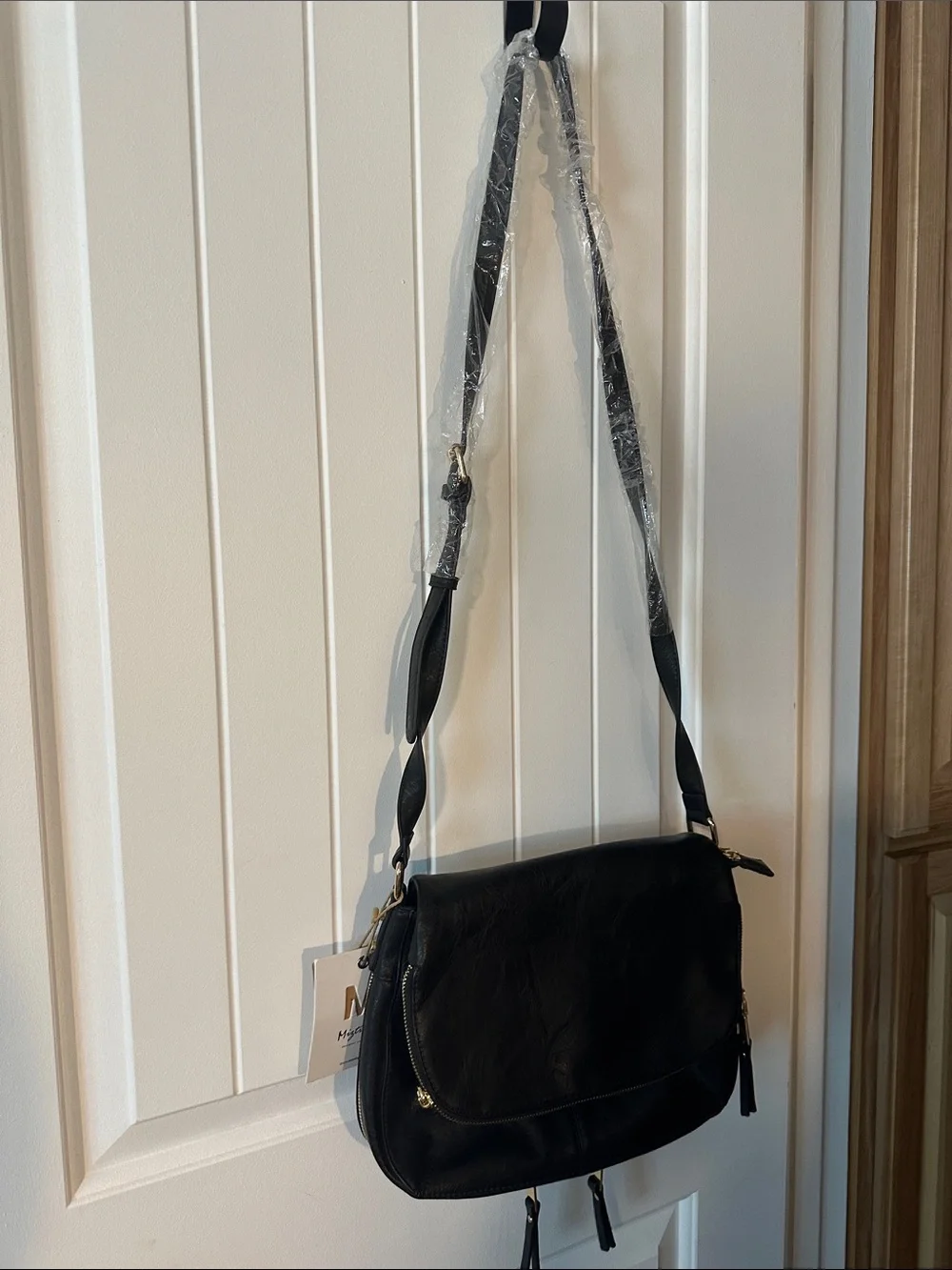 Miztique Black Leather Crossbody Bag with Gold Hardware